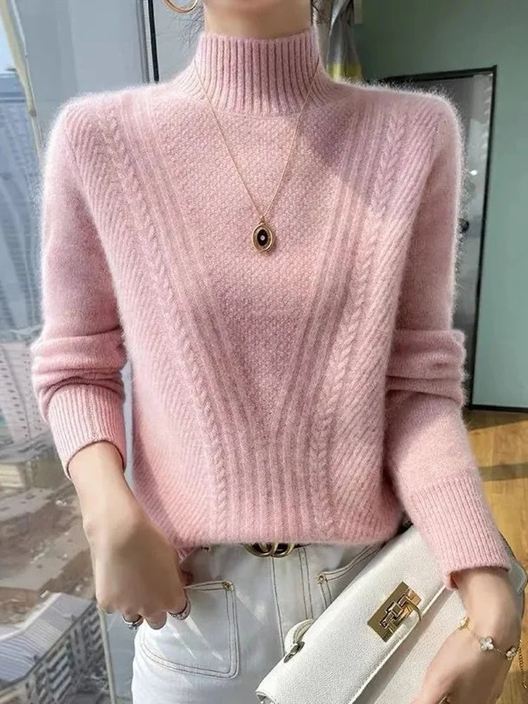 Suéter de punto grueso para mujer, cuello medio alto, ajuste holgado y delgado, camiseta base suave y cálida, estilo coreano,...