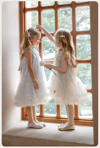 Nuevo vestido de fiesta para niñas, vestido de princesa de tul sin mangas con cuello Peter Pan para actuaciones de Piano, banquete, desfile Formal