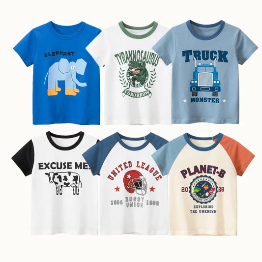 Camiseta de manga corta para niños, 2023 algodón, vaca, Planeta, béisbol, elefante, dibujos animados, informal, deportiva, 100%