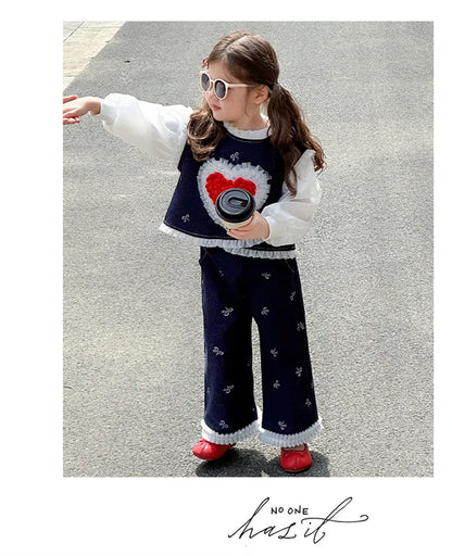 Conjunto de tres piezas con lazo grande de amor para niña, edición coreana de moda de primavera y otoño, ropa para niña
