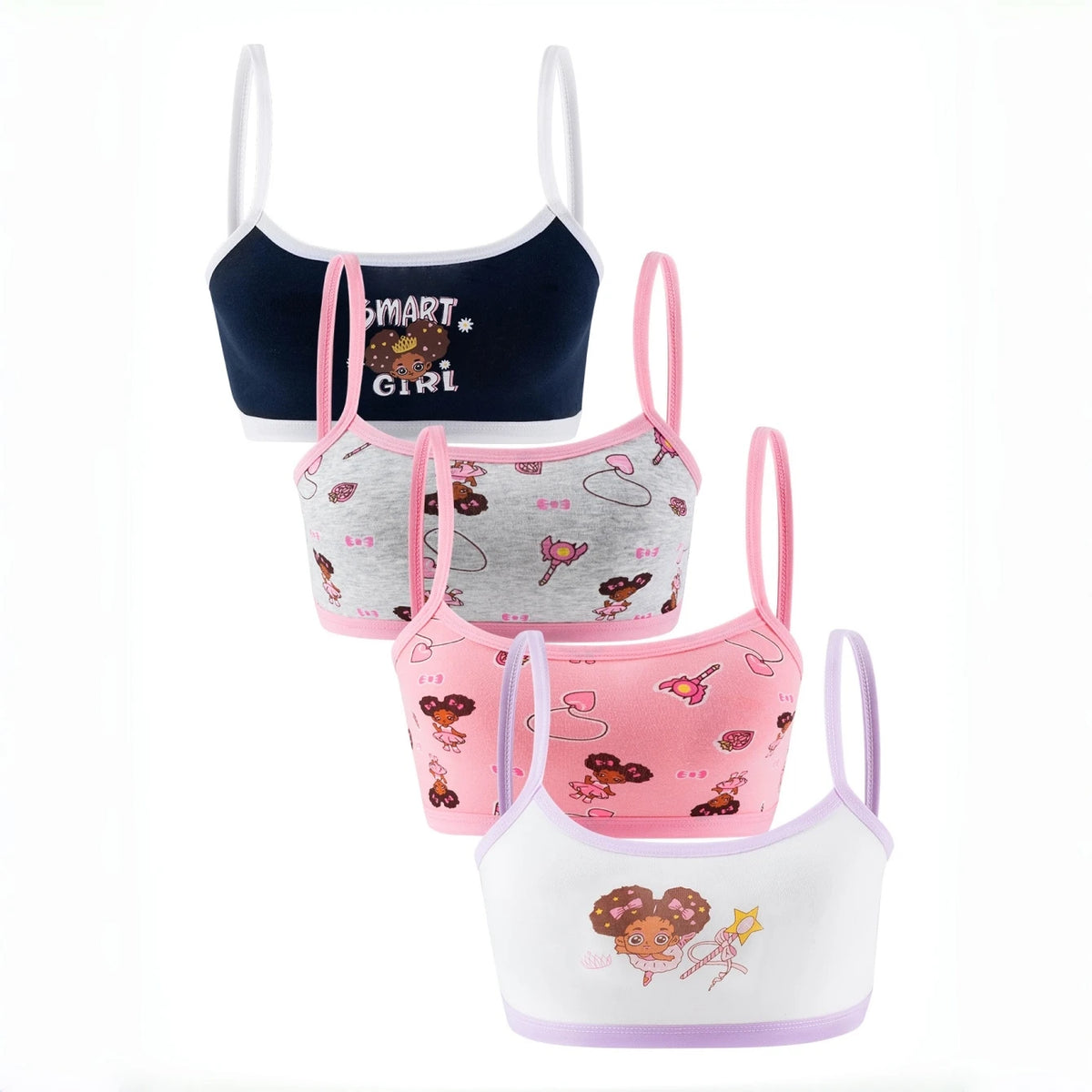 4 piezas de sujetadores de entrenamiento para niñas, ropa interior para niñas, chalecos pequeños, cómodos, sencillos y modernos, con estampado de dibujos animados, colorido.