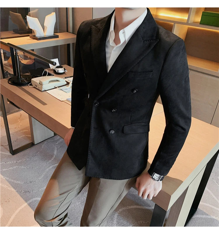 Chaqueta de ante con botones de doble botonadura para hombre, traje de negocios informal, ropa de calle Social, otoño e invierno, 2023