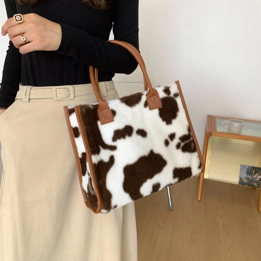 Bolsos de compras de diseñador con estampado de vaca de piel sintética para mujer, bolsos de hombro de felpa suave para mujer, bolsos y monederos de gran capacidad para invierno