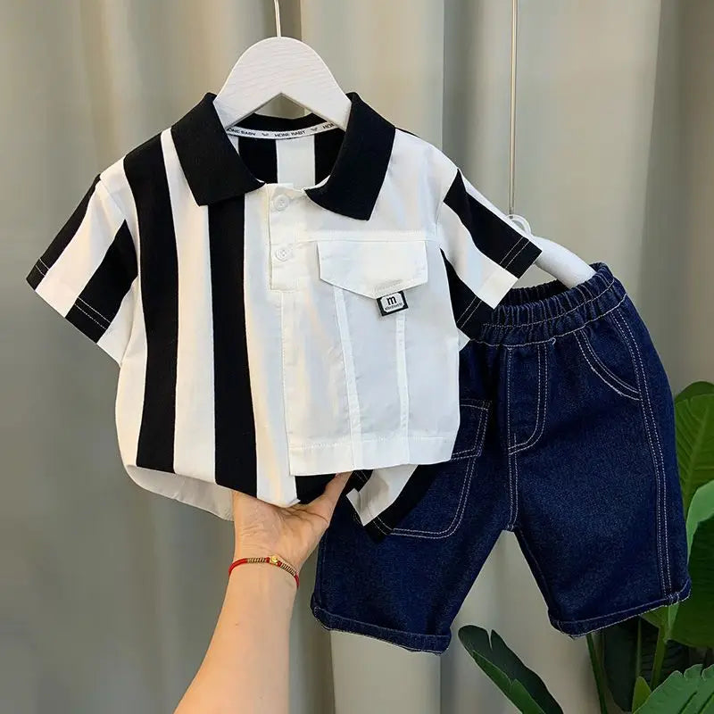 Conjunto de dos piezas de manga corta para niño adolescente, Polo a rayas, pantalones cortos Vaqueros, ropa coreana, verano, nuevo, 2-11 años