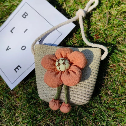 Bolso de hombro hecho a mano para niños y niñas, con flores bandolera de paja, monedero para llaves, Mini bolso de princesa