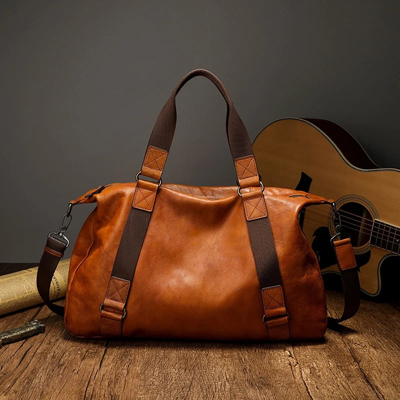 Bolso de viaje para hombre, bolso de equipaje de cuero genuino para hombre, mochila de viaje Vintage, bolsos grandes de cuero de vaca duradero para fin de semana para hombre # Co