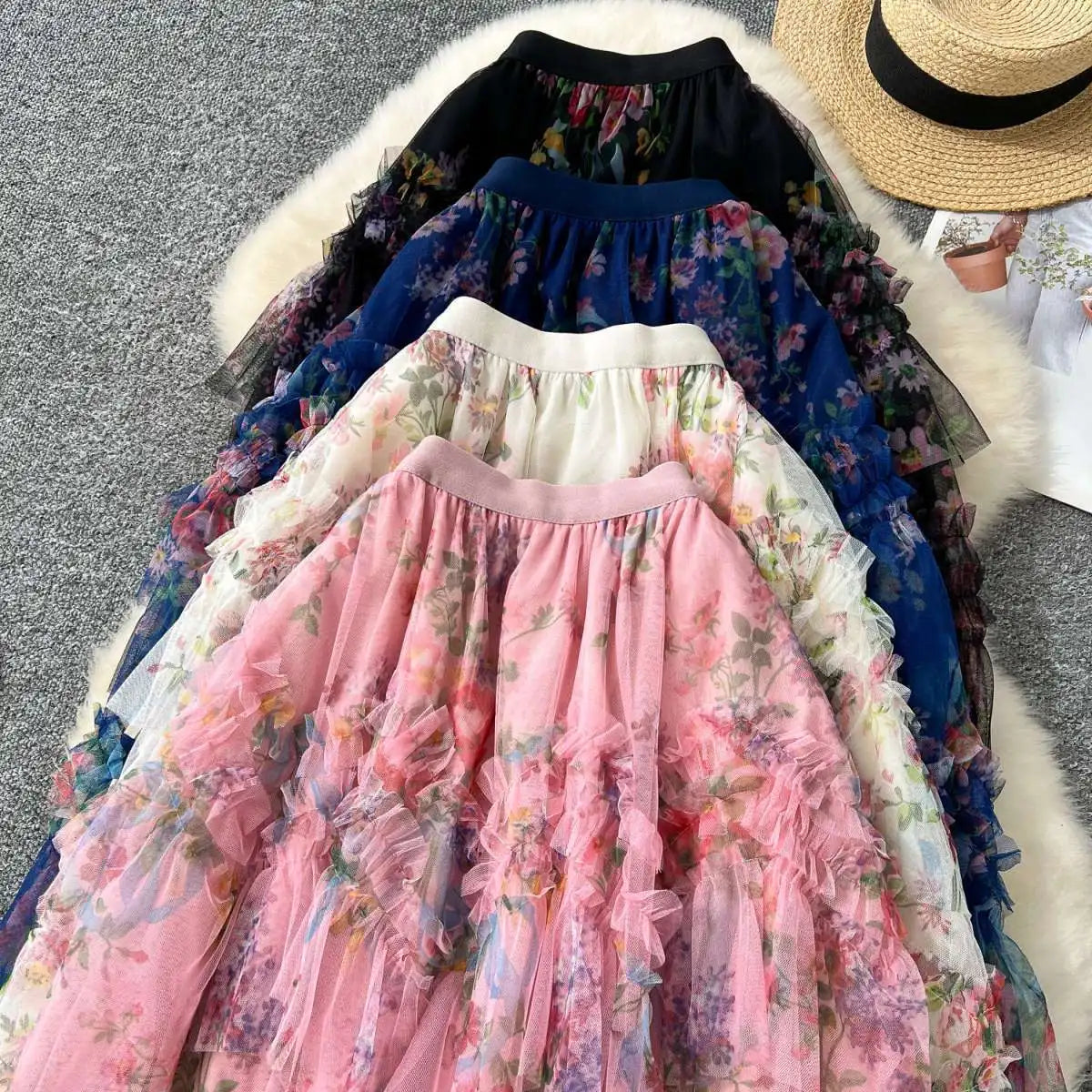 Falda Midi de Malla con Estampado Floral de Cintura Alta Estilo Coreano para Mujer, Falda Hada Abullonada de Fibra de Poliést...