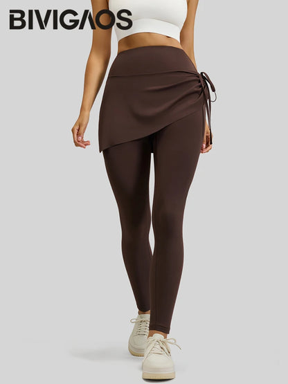 BIVIGAOS-mallas de Yoga plisadas con cordón para mujer, falda, pantalones falsos de dos piezas, mallas deportivas elásticas de cintura alta para primavera