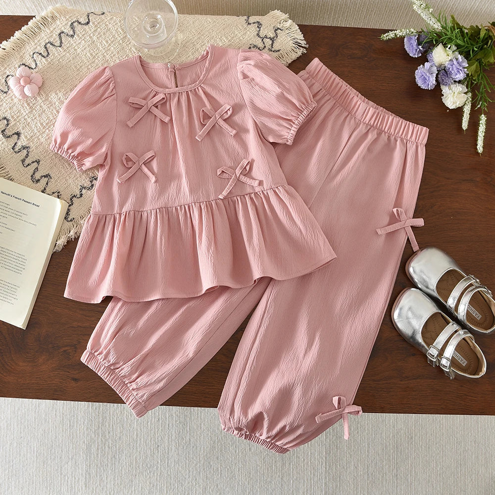 Conjunto de Dos Piezas de Verano para Niña de 3 a 7 Años, Estilo Coreano, Dulce y Lindo, Blusa con Mangas Abullonadas y Lazo + Pantalones