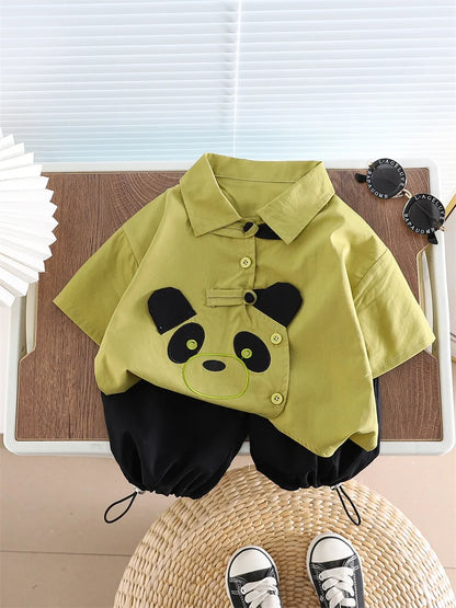 Ropa de algodón para niños, camisa de Panda de dibujos animados, pantalones cortos, 2 unids/set, chándales de moda para niños pequeños, prendas de vestir