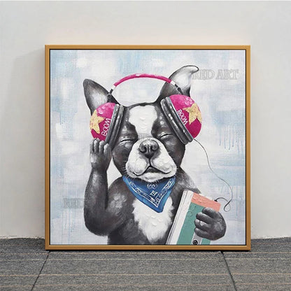 Imagen de animales de dibujos animados, perro encantador, escucha música, regalo abstracto hecho a mano para niños, pintura al óleo sin marco, lienzo de pared, póster artístico de dibujos animados