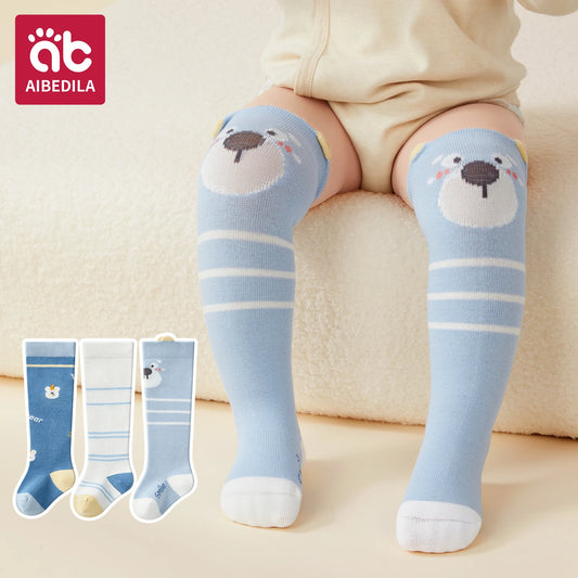 AIBEDILA calcetines de algodón para bebé, calcetines largos hasta la rodilla cálidos y transpirables para bebé, bonitos calcetines para recién nacidos, niñas y niños de 0 a 3T, 3 pares
