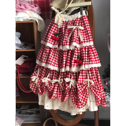 Falda de cintura alta con patchwork de cerezas, estilo A, para mujer, nueva colección primavera-otoño-invierno, dulce falda d...