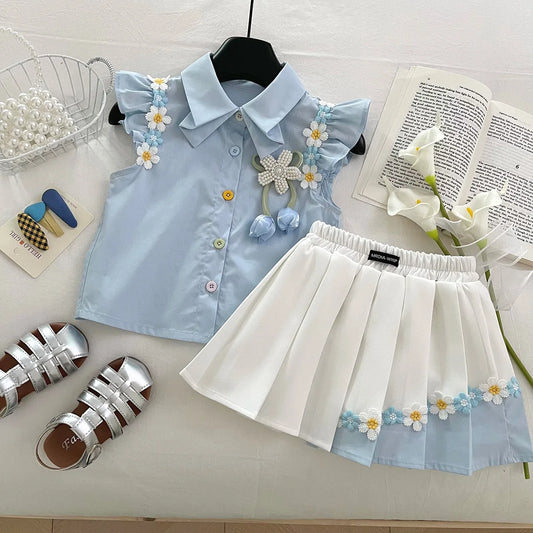 Conjunto para niñas, novedad de verano 2021, Top de manga corta con flores para bebé, Falda plisada con cintura elástica, conjunto de dos piezas, ropa para niños