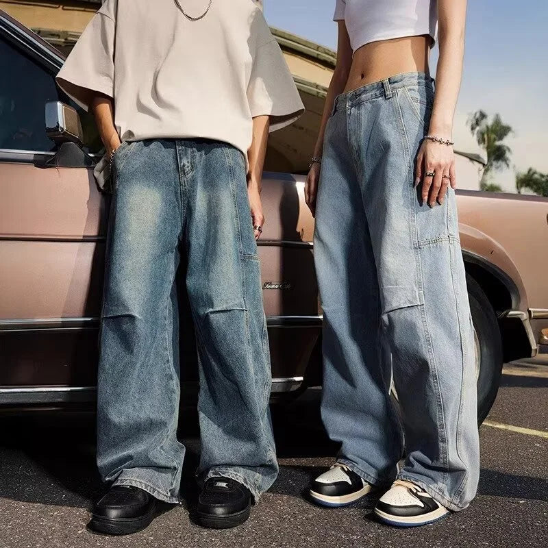 Otoño de los hombres de moda Hip Hop empalmado pantalones vaqueros holgados diseño plisado Casual pantalones vaqueros de pierna recta Y2K Vintage Streetwear jean
