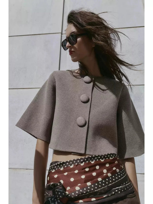 Chaqueta de punto corta con botones y cuello redondo a la moda para mujer, estilo holgado y adelgazante, cárdigan de fibra de...
