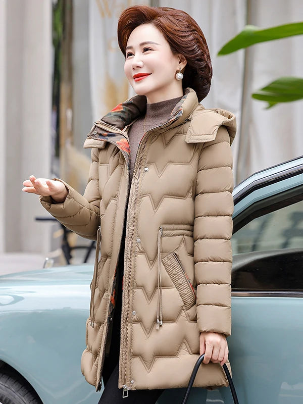 Chaqueta Larga de Algodón Grueso para Mujer, Acolchada, Ajustada, con Cintura Ajustable, Manga Larga, Cierre de Cremallera