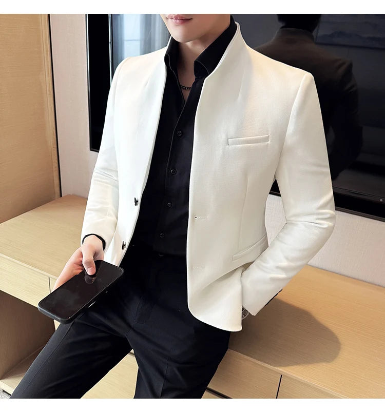 Chaqueta de traje con cuello levantado de alta calidad para hombre, chaquetas de negocios informales, abrigo coreano con gofres para boda, novio, banquete, vestido de fiesta, 2025