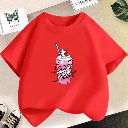 Camiseta bonita de dibujos animados de batido de leche de fresa para niñas, camisetas rosas con gráfico de manga corta para niños