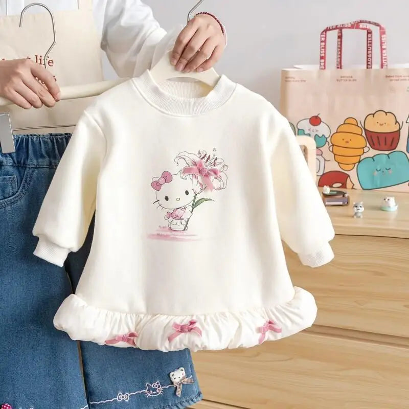 Sanrio Hello Kitty 2025 Otoño Invierno nuevas niñas estampado de gato polar cálido Top con lazo decoración 3D vestido con capucha para niños lindo
