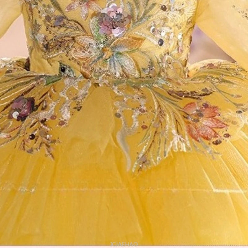 2025 Vestido de fiesta Vestido niños niñas vestidos de novia amarillos disfraz niños flor niña desfile Piano actuación tutú traje