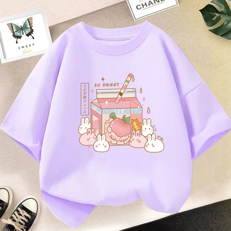 Camiseta bonita de dibujos animados de batido de leche de fresa para niñas, camisetas rosas con gráfico de manga corta para niños