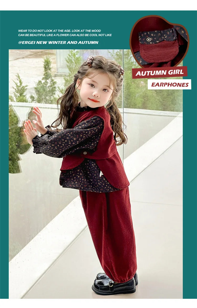 Ropa de moda para niñas 2025, otoño, nueva camisa Floral, chaleco y pantalones de Color sólido, conjunto de 3 piezas de pana