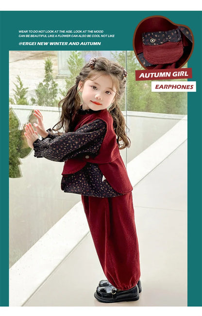 Ropa de moda para niñas 2025, otoño, nueva camisa Floral, chaleco y pantalones de Color sólido, conjunto de 3 piezas de pana
