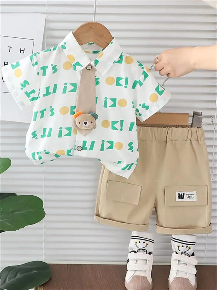 Nueva ropa informal para niños, traje de verano para niños y niñas, camisa con letras estampadas, pantalones cortos, 2 unids/set, ropa para niños pequeños de 0 a 5 años
