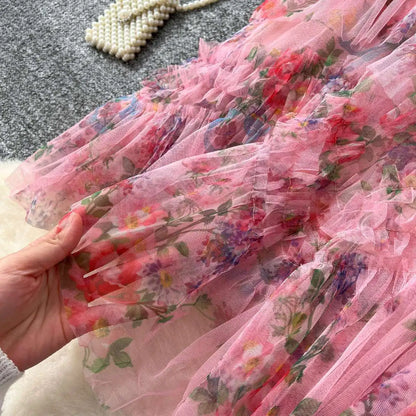 Falda Midi de Malla con Estampado Floral de Cintura Alta Estilo Coreano para Mujer, Falda Hada Abullonada de Fibra de Poliést...