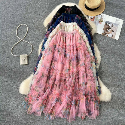 Falda Midi de Malla con Estampado Floral de Cintura Alta Estilo Coreano para Mujer, Falda Hada Abullonada de Fibra de Poliést...