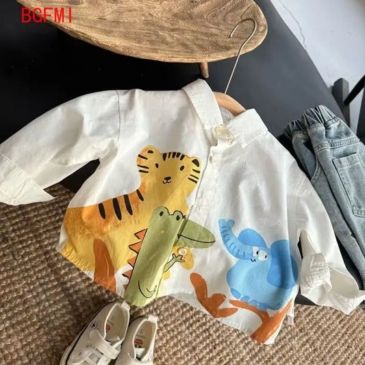 Ropa coreana de primavera y otoño para niños, camisas finas de algodón con estampado, cuello vuelto de dibujos animados para chico, Top holgado de manga larga para niño de 1 a 6 años