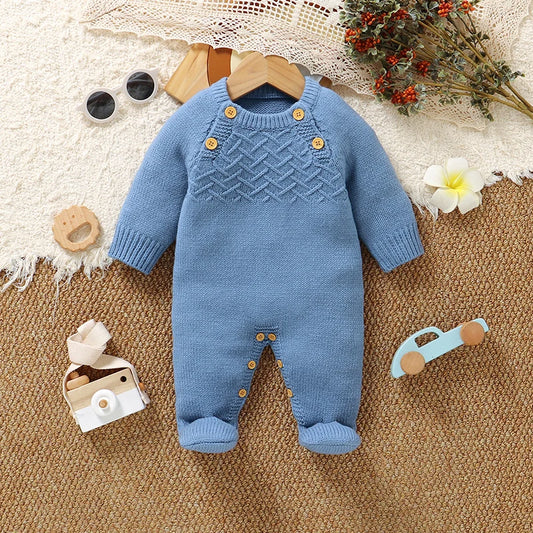 Peleles azules para bebé, monos informales de punto con cuello redondo y mangas completas para niño, monos de invierno, prendas de vestir de otoño, suéteres para niño pequeño, trajes