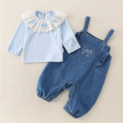 Conjunto de 2 piezas de lujo coreano para niña, conjunto de camiseta y camiseta a la moda con cuello de encaje, pelele elegante de Estilo Princesa, traje de otoño