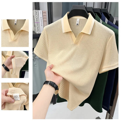 Nueva Camiseta Polo de Verano para Hombre |   Cuello en V con Rayas |   Camiseta de Manga Corta, Transpirable y Ajustada