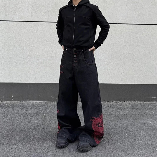 Pantalones Vaqueros Anchos de Moda Punk Y2K para Hombre 2026, con Bordado de Dragón Rojo Lateral, Estilo Retro Americano Hip Hop