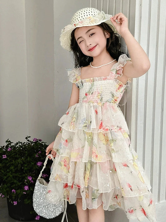 NOVEDAD DE VERANO 2025, vestido en capas con tirantes florales de encaje para niñas, vestido dulce de retazos de encaje coreano para niños