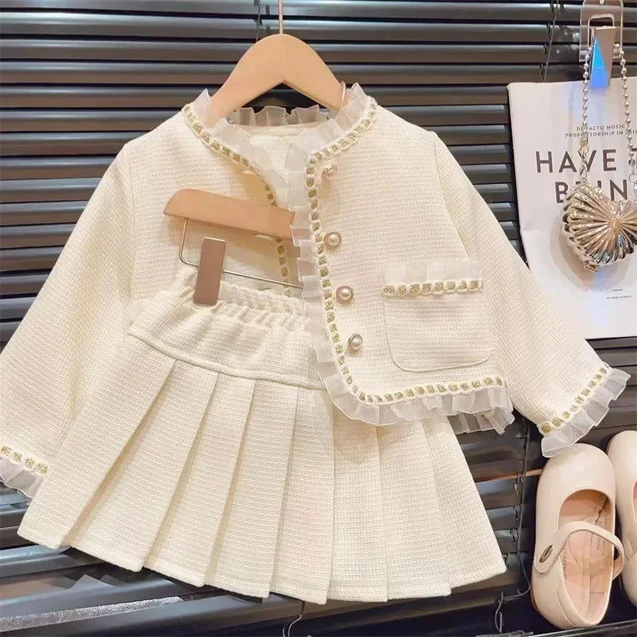 Conjunto de dos piezas de moda para niña, chaqueta de encaje, Falda corta, colección de primavera y otoño, novedad de 2024