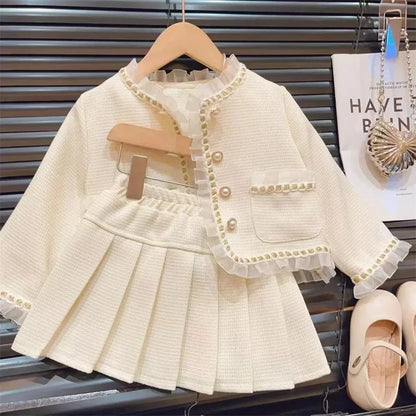 Conjunto de dos piezas de moda para niña, chaqueta de encaje, Falda corta, colección de primavera y otoño, novedad de 2024