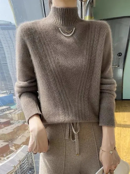 Suéter de punto grueso para mujer, cuello medio alto, ajuste holgado y delgado, camiseta base suave y cálida, estilo coreano,...