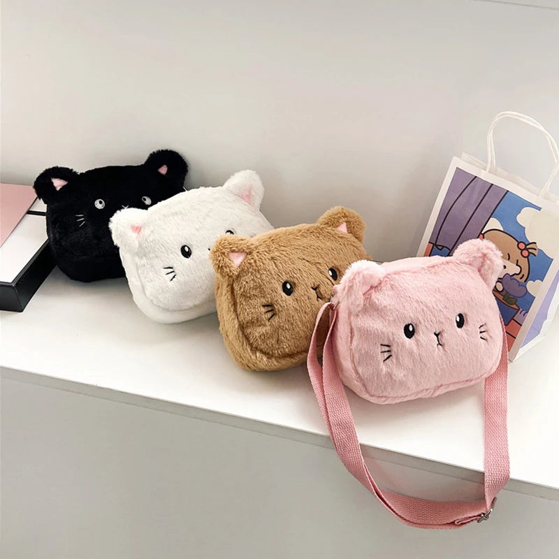 Bolso de hombro de felpa suave para niños, bolsos cruzados peludos, monedero, lindo, Gato de dibujos animados, moda de invierno