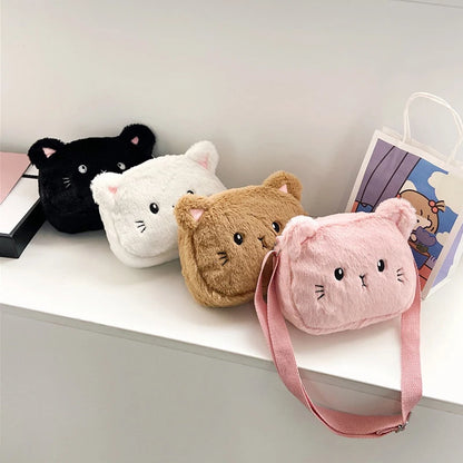 Bolso de hombro de felpa suave para niños, bolsos cruzados peludos, monedero, lindo, Gato de dibujos animados, moda de invierno