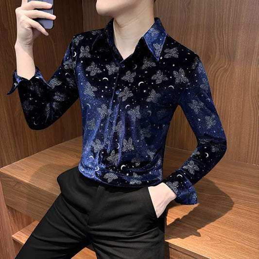 Camisa de Jacquard de Terciopelo con Estampado de Mariposas para Hombre, Primavera 2026, Corte Entallado, Manga Larga, Camisas Casuales, Blusa de Esmoquin para Fiestas Sociales, Ropa para Hombre
