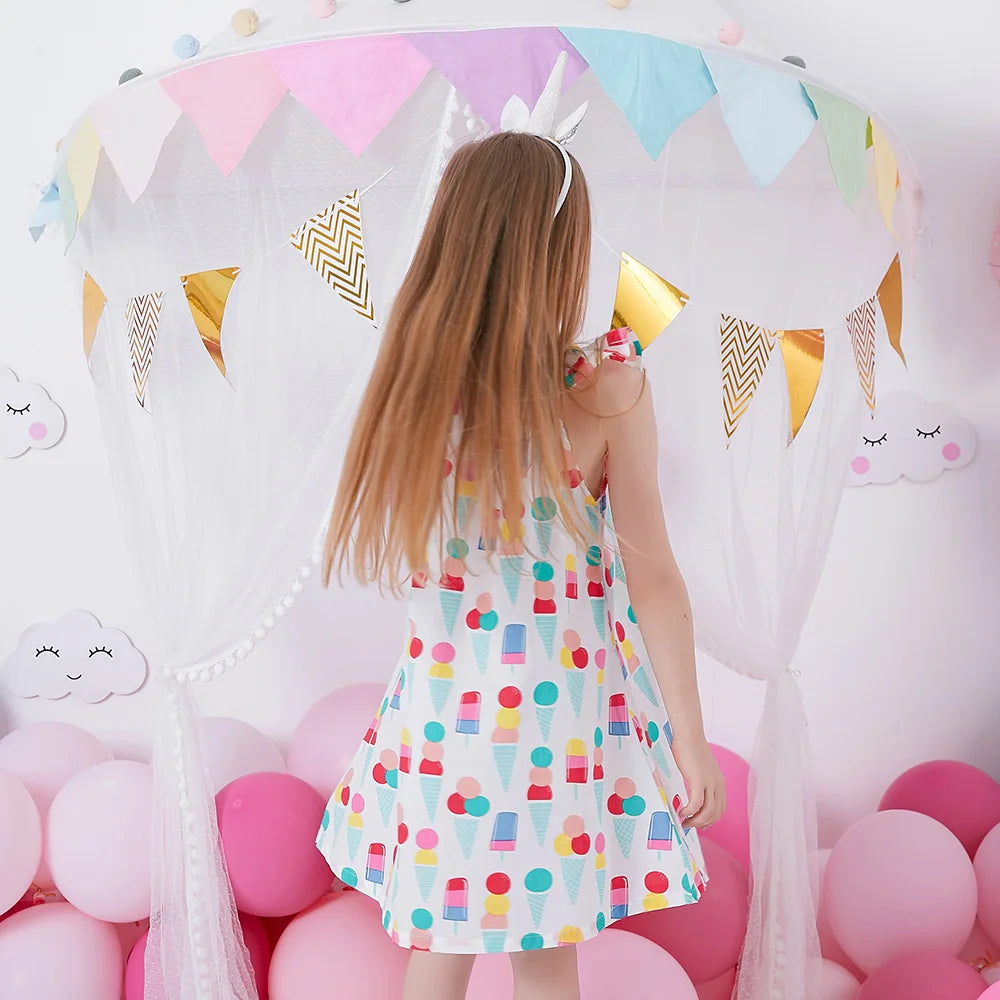 VIKITA-camisola con tirantes para niña, vestido sin mangas con estampado de helado, manga acampanada, ropa de verano