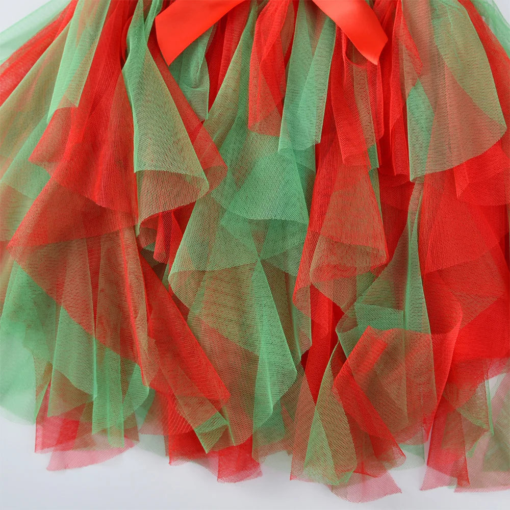VIKITA Vestido navideño de unicornio para niñas, vestido tutú con estampado de copos de nieve de manga larga para niños con falda de tul escalonada roja y verde para Navidad