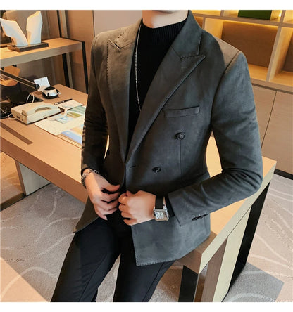 Chaqueta de ante con botones de doble botonadura para hombre, traje de negocios informal, ropa de calle Social, otoño e invierno, 2023