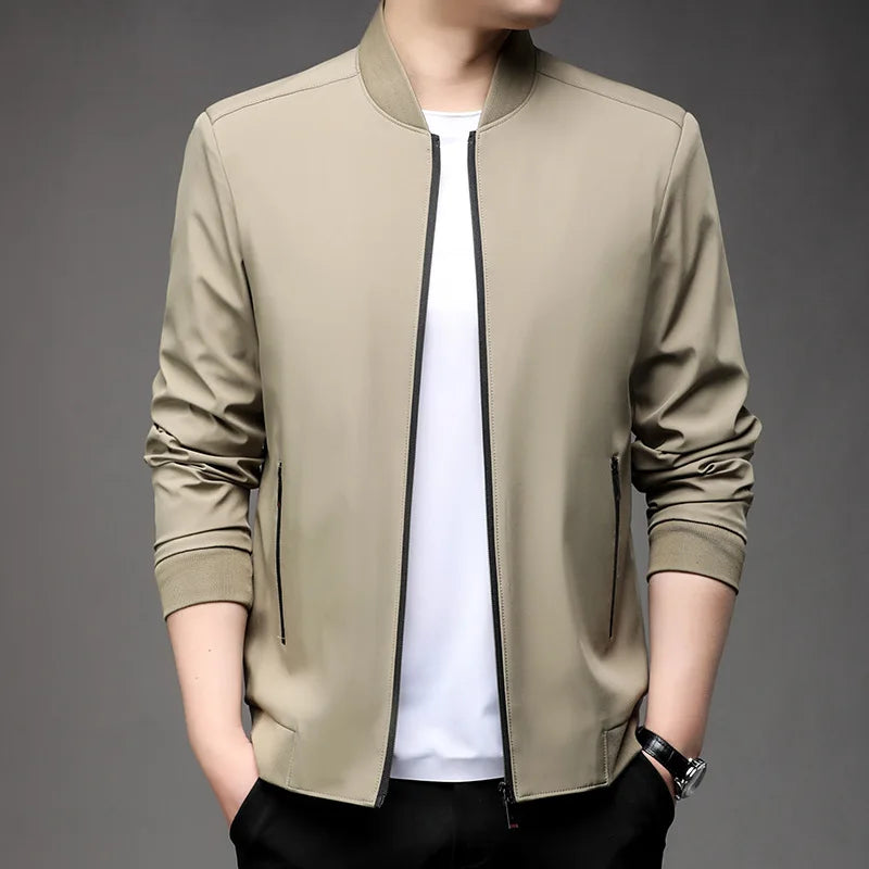 Chaquetas de alta calidad para hombre, chaqueta informal inteligente con cuello de béisbol, abrigo ajustado, prendas de vestir exteriores de Color sólido, primavera y otoño
