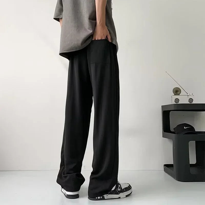 Pantalones bombachos holgados rectos lisos de verano para hombre, pantalones de chándal drapeados deportivos informales, pantalones de pierna ancha con cordón, novedad de 2025