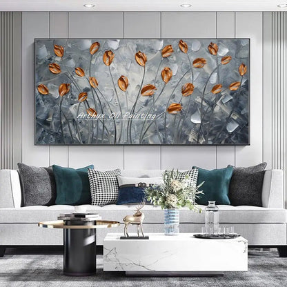 Arthyx, pintura al óleo de flores doradas pintada a mano con espátula sobre lienzo, cuadro artístico abstracto para decoración del hogar, sala de estar y dormitorio