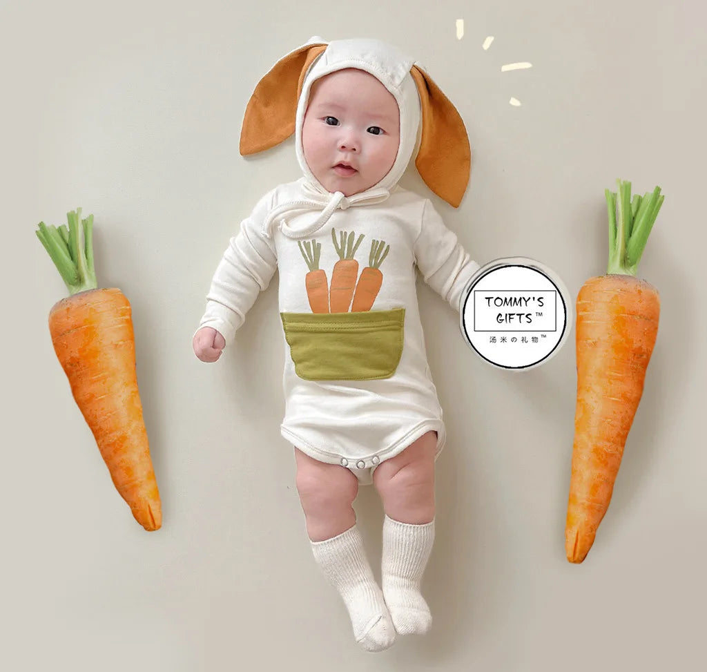 2025 INS ropa infantil para niña moda verano estampado de zanahoria diseño de conejito mameluco para bebé mono de algodón suave 0-24M otoño